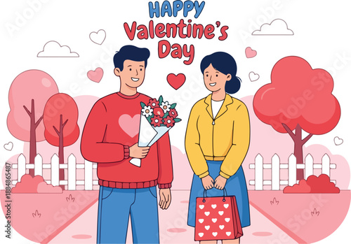 Illustration of a man holding flowers and a woman with a gift bag standing on a romantic path with trees and a white picket fence on Valentine's Day.