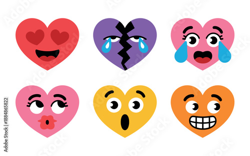 A set of colorful heart emojis expressing various emotions on a white background