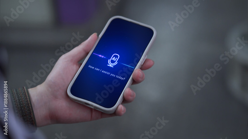 Person using personal AI agent assistant in the city, voice recognition artificial intelligence chat app dialogue screen, smartphone text to speech chatbot, smart customer service support technology