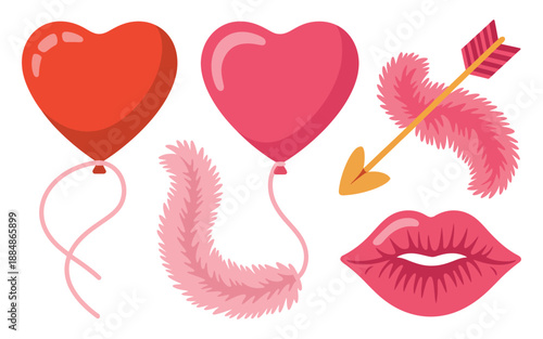 A colorful illustration of Valentine's Day symbols including heart balloons, feathers, an arrow, and lips.