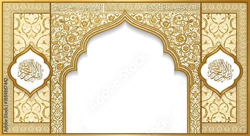 An ornate antique golden frame featuring Thai style art on a vintage aged wood wall with blank empty space for a classical painting