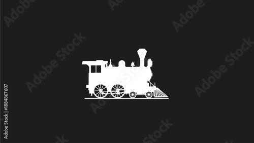 White Silhouette of a Vintage Steam Train Locomotive Icon on Black Background - Classic Railway Transport Symbol