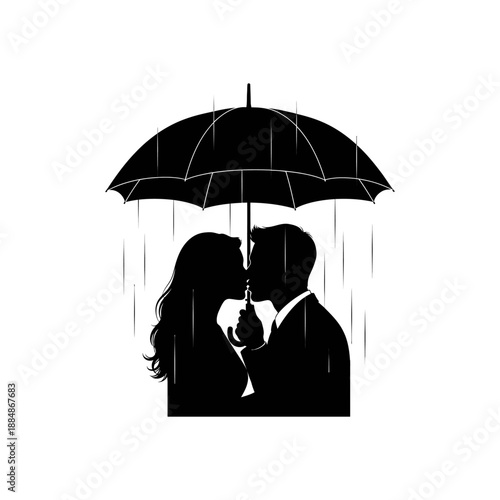 Couple Kissing Under Umbrella on a Rainy Day Silhouette Illustration.