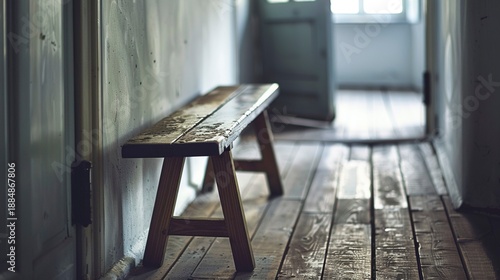 A photo of a simple wood bench in a hallway.