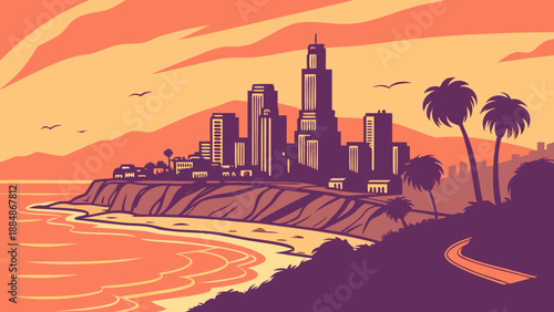 Los angeles skyline with palm trees, a vibrant cityscape near the beach. Suitable for travel websites, city guides, and promotional materials.