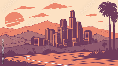 Los angeles skyline illuminated by the vibrant california sunset, perfect for travel websites, art prints, or editorial blogs showcasing cityscapes.