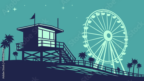 Los angeles skyline captures famous santa monica pier silhouette, featuring ferris wheel and lifeguard tower. Perfect for travel brochures and postcards.