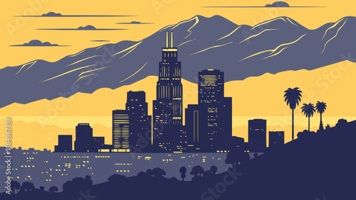 Los angeles skyline panorama with iconic skyscrapers under a vibrant californian sky. Suitable for travel, city, architecture, and tourism designs.