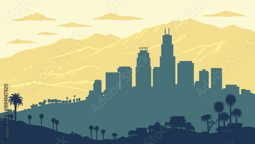 Los angeles skyline, mountains, palm trees at sunset  ideal for travel brochures, city guides, website banners, and social media posts.