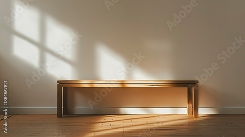 A photo of a simple wood bench in a hallway.