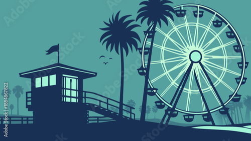 Los angeles skyline, beach lifeguard station, palm trees, and ferris wheel are perfect for travel, lifestyle, tourism, and californiathemed designs.