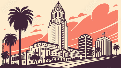 Vintage los angeles skyline illustration with city hall and vibrant cityscape suitable for travel websites, city guides, postcards, and posters.