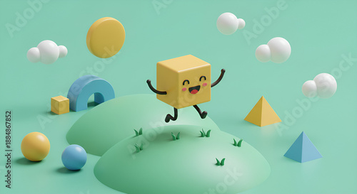 Cute 3D cube character jumping on a green hill with geometric shapes and blue sky, colorful minimal style, perfect for creative concepts, education, kids design, and playful visuals.