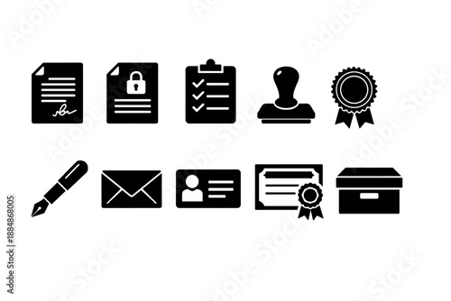 Business and office solid icon set. Documents, security, certification symbols