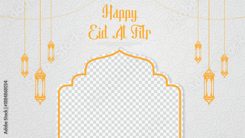 A modern vector template features the greeting Happy Eid Al Fitr above a decorative arched frame placeholder surrounded by hanging orange Arabic lanterns and a subtle white geometric background patter