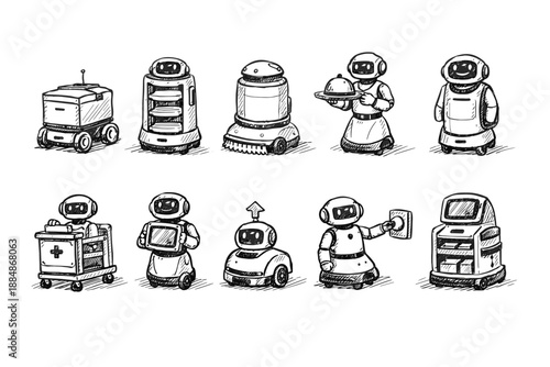 Robotic assistants sketch icon set in outline style. Robots, technology doodle icons