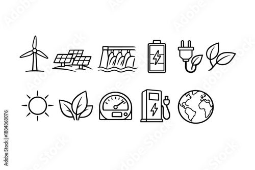 Renewable energy outline icon set: solar, wind, and eco symbols collection