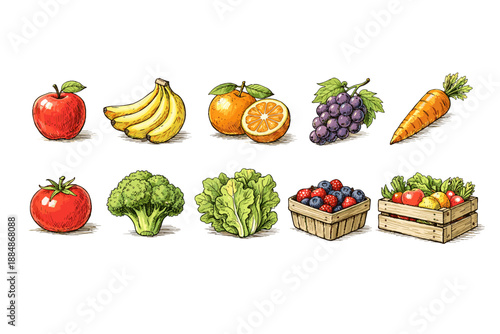Fruits and vegetables outline icon set for healthy living and nutrition