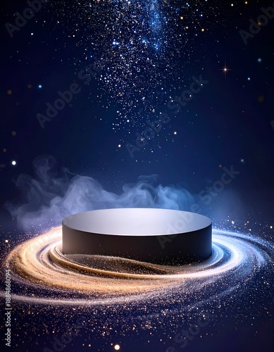 A cylindrical stage surrounded by a nebula of dust and swirling light