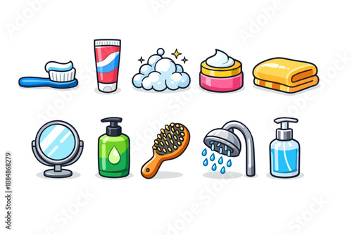 Hygiene and grooming icon set in colorful cartoon style for personal care needs