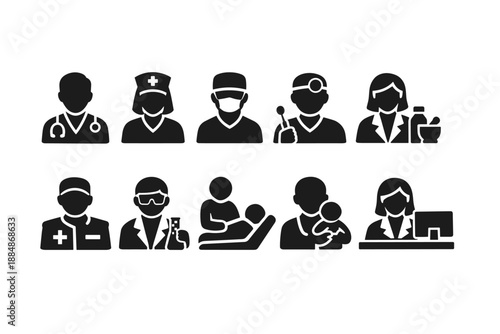 Healthcare professional silhouette icon set. Medical and hospital staff icons collection