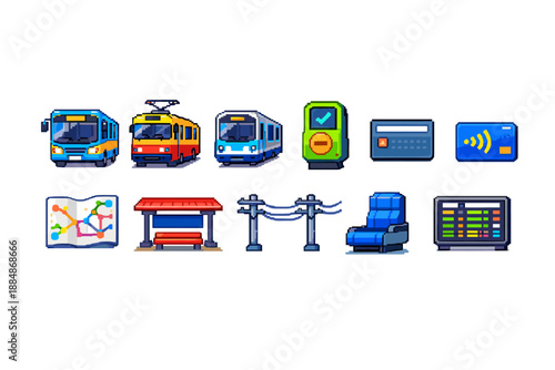 Transportation flat icon set. Bus, train, metro, ticket, map, travel, commute icons.