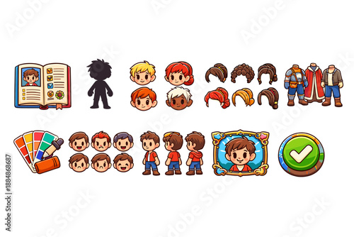 Avatar creation flat icon set. Customize characters with hair, clothes, faces, and frames