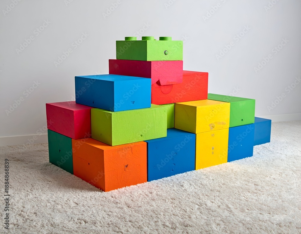 Fototapeta premium Colorful rectangular building blocks stacked on a white carpet, creative design