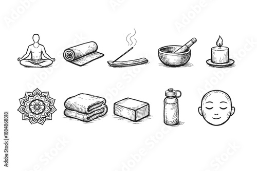 Meditation and yoga outline icon set. Peaceful, relaxing icons collection