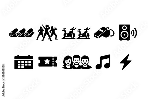 Fitness, gym, activities solid icon set. Exercise, health, sport symbols collection