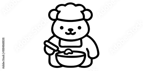bear, chef, cook, baking, cake, kitchen, food, apron, hat, animal, grizzly, brownA big brown bear wearing a white chef hat and apron, mixing cake batter in a cozy kitchen, warm lighting, cute 3D vecto
