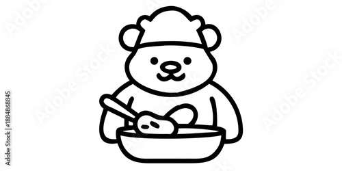 bear, chef, cook, baking, cake, kitchen, food, apron, hat, animal, grizzly, brownA big brown bear wearing a white chef hat and apron, mixing cake batter in a cozy kitchen, warm lighting, cute 3D vecto