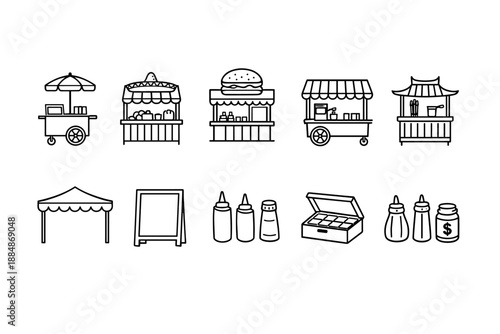 Food stalls icon set. Market and street food linear icons collection