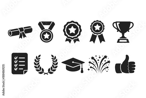 Achievements and awards solid icon set. Diploma, trophy, medal icon collection