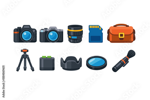 Photography, camera 3d icon set. Equipment, dslr, lens, tripod icons collection