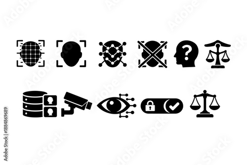 Facial recognition solid icon set. Security, privacy, identification icons collection.