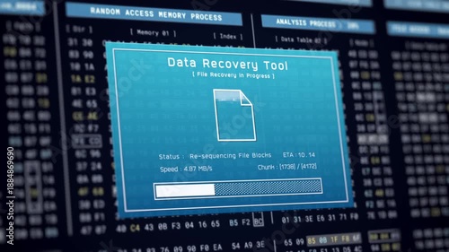 Data recovery process screen on cloud storage server, database protection backup for restore secure file sharing network, cyber security software technology, retro binary computer repair monitor UI