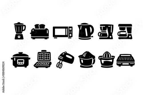 Kitchen appliances silhouette icon set. Blender, toaster, microwave, kettle, coffee maker
