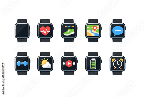 Fitness and health flat icon set. Smartwatch apps for exercise and wellness