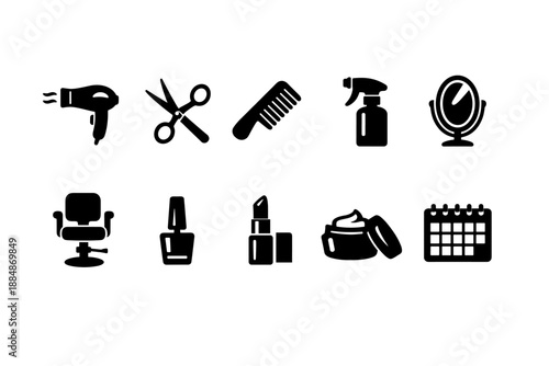 Beauty and salon silhouette icon set. Hair, makeup, spa, grooming essentials collection.