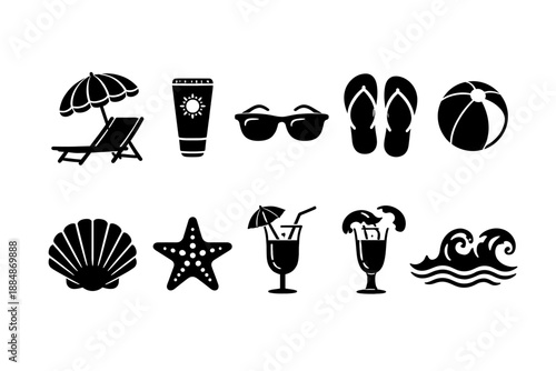 Summer, beach silhouette icon set. Vacation, seaside, holiday essentials in silhouette