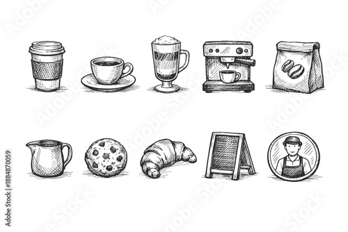 Coffee shop doodle icon set. Hand-drawn cafe, drink, dessert linear sketches.
