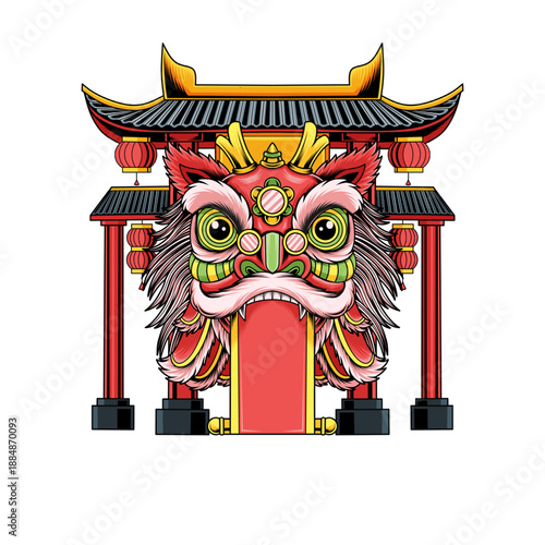 Symmetrical Chinese lion dance vector illustration with a Chinese gate background, decorated with red lanterns, perfect for Lunar New Year and Chinese cultural themes.