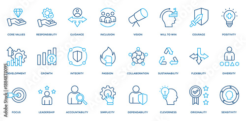 Core Value icon set. Containing leadership, responsibility, guidance, integrity, passion, collaboration icon. Outline Color style
