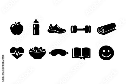 Health and fitness silhouette icon set. Wellness, exercise, nutrition symbols collection