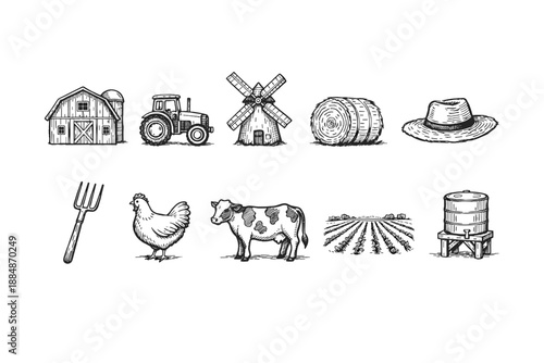 Agriculture and farming line icon set. Classic farm tools and animals collection.