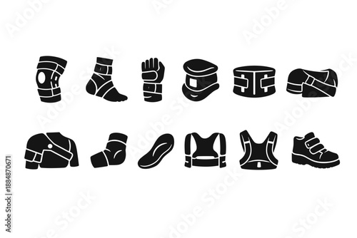 Protective gear silhouette icon set. Safety equipment symbols collection