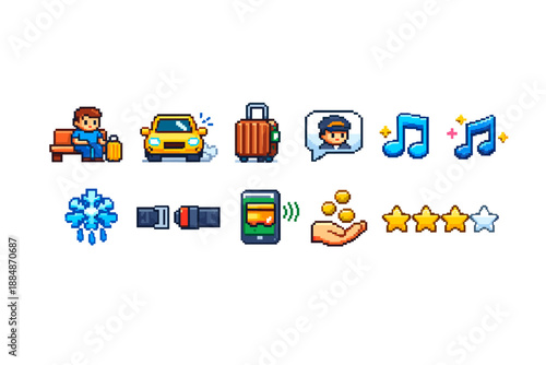 Travel and leisure pixel icon set. Journey, vacation, music, and money pixel icons.