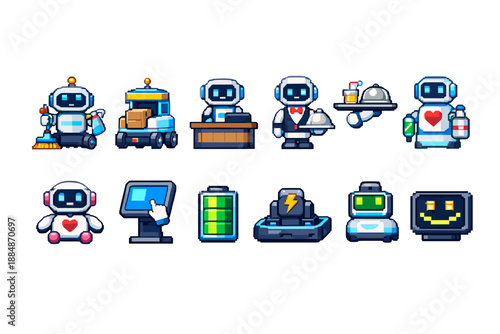 Robot service line icon set. Cute futuristic helper, technology assistance icons