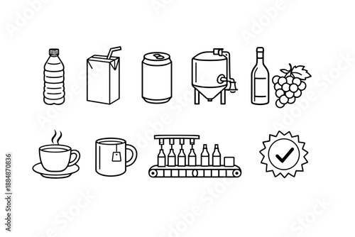 Beverage icon set outline collection. Drinks, coffee, tea, and wine outline designs.